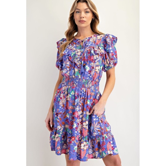 easel Dresses & Skirts - POL “The Gabriella" Periwinkle Floral Print Tiered Dress with Pockets